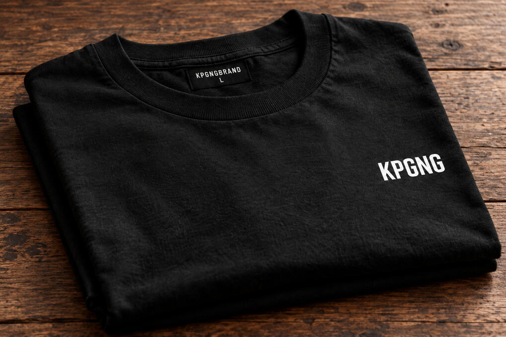 Folded black Foundation Series T-shirt with white KPGNG chest logo and KPGNGBRAND size L neck label on a wooden table.