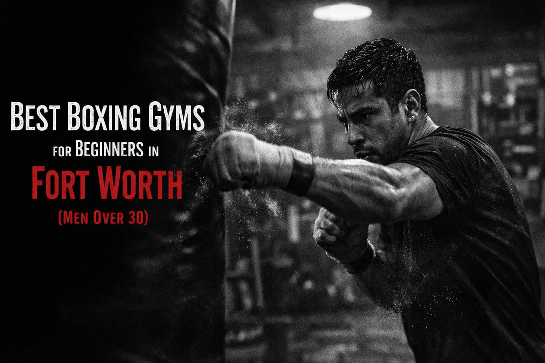 man training boxing on a heavy bag in a gritty gym representing discipline and beginner boxing for men over 30 in Fort Worth Texas