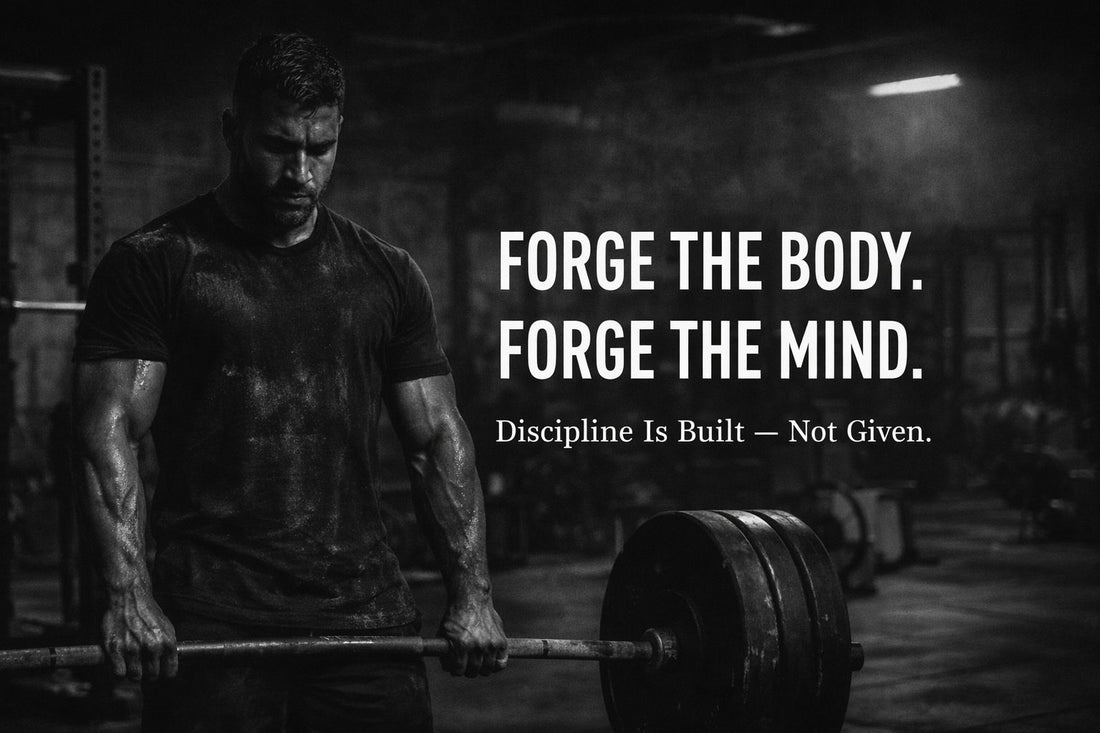 Man training intensely in a dark gym representing discipline, mental toughness, and forging the body and mind
