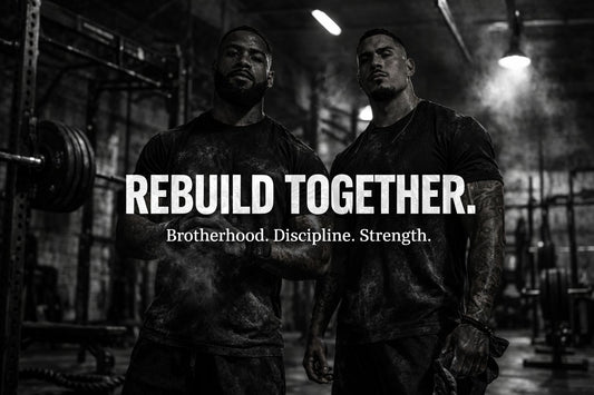Black and Latino men standing together in a gritty warehouse gym representing brotherhood, discipline, and strength