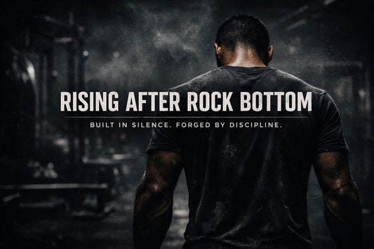 Man standing alone in a dark gym at dawn, symbolizing resilience and rising after rock bottom through discipline and strength.