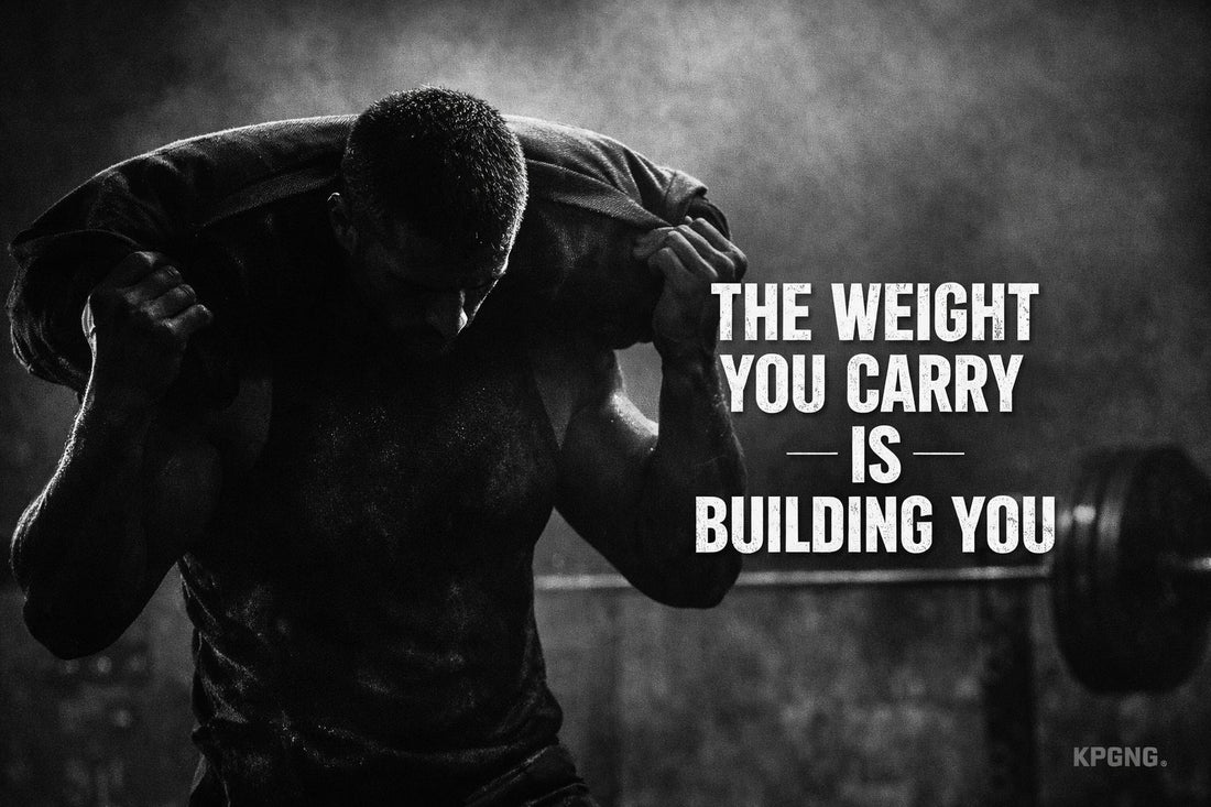 A man carrying heavy weight, symbolizing discipline, resilience, and the pressure that builds strength in men.
