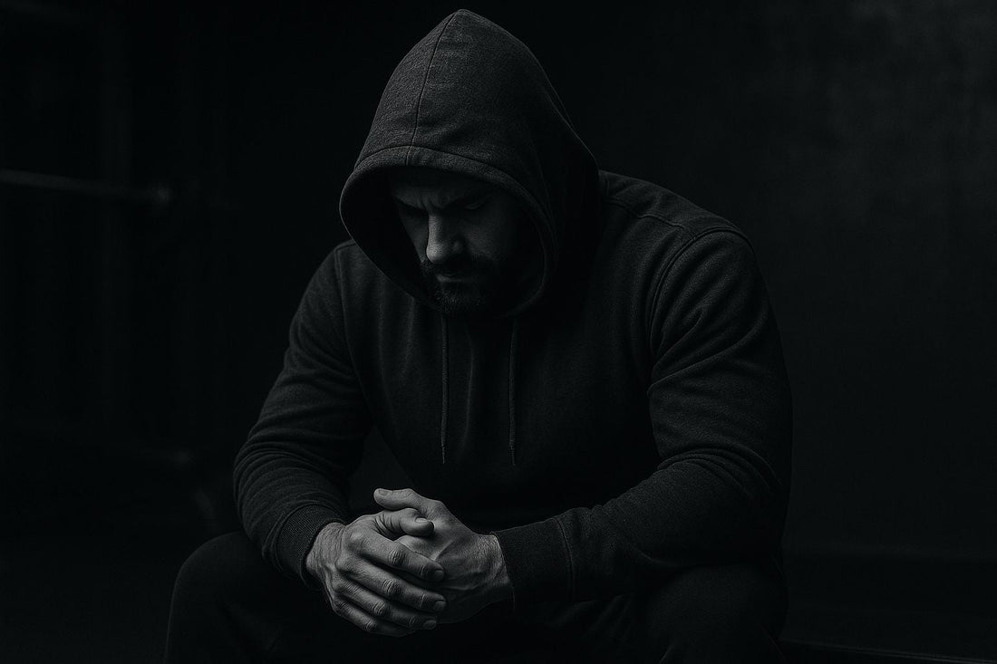 Gritty photo of a man reflecting in gym lighting — symbol of resilience and discipline, KPGNGBRAND