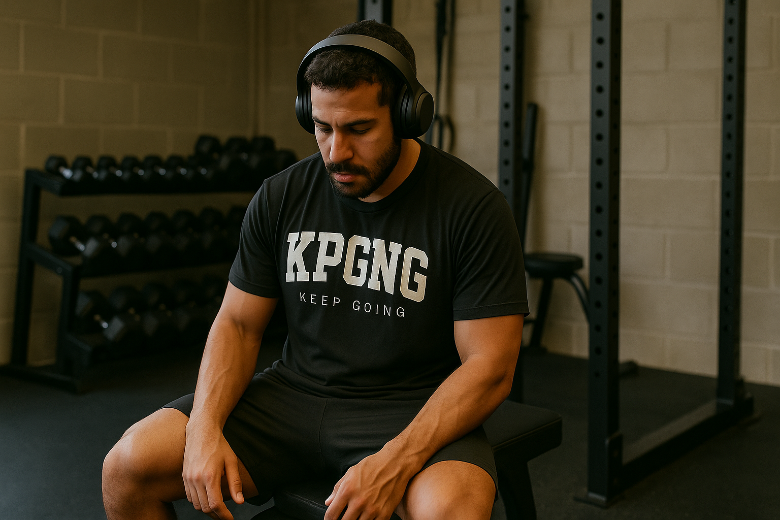 Man sitting on a bench in a gym wearing headphones and a black t-shirt with 'KPGNG' text.