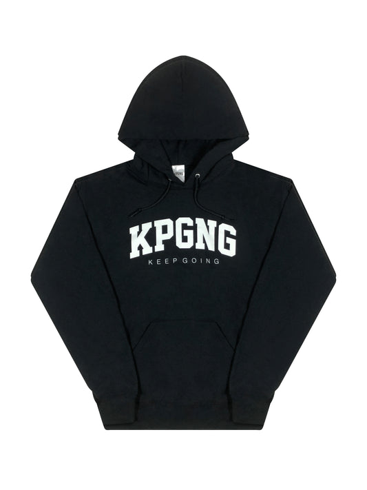 black hoodie front side with kpgng logo different pose